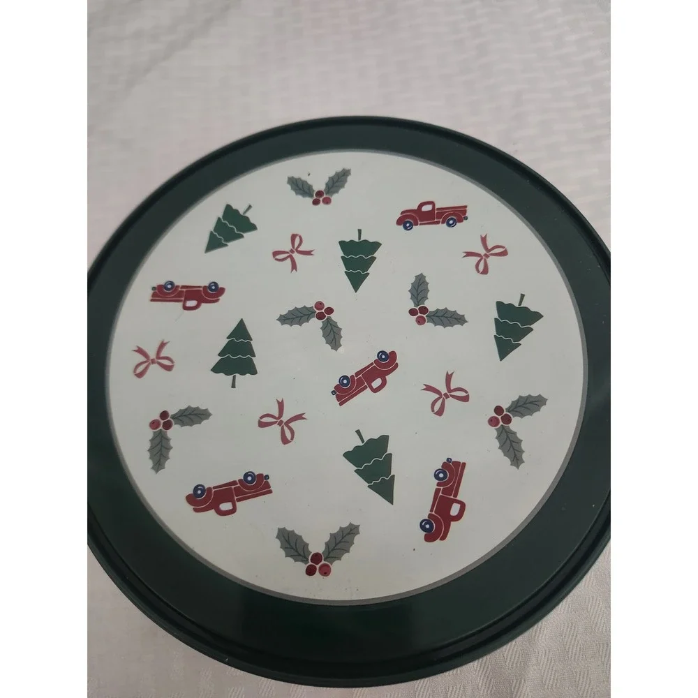 Christmas Holiday Cookie Tin Red Truck Evergreen Tree Round Green Plastic